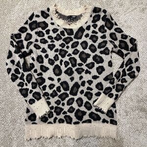 Aqua Cashmere Leopard Pullover Sweater Size S Distressed Animal Print Edgy Cozy